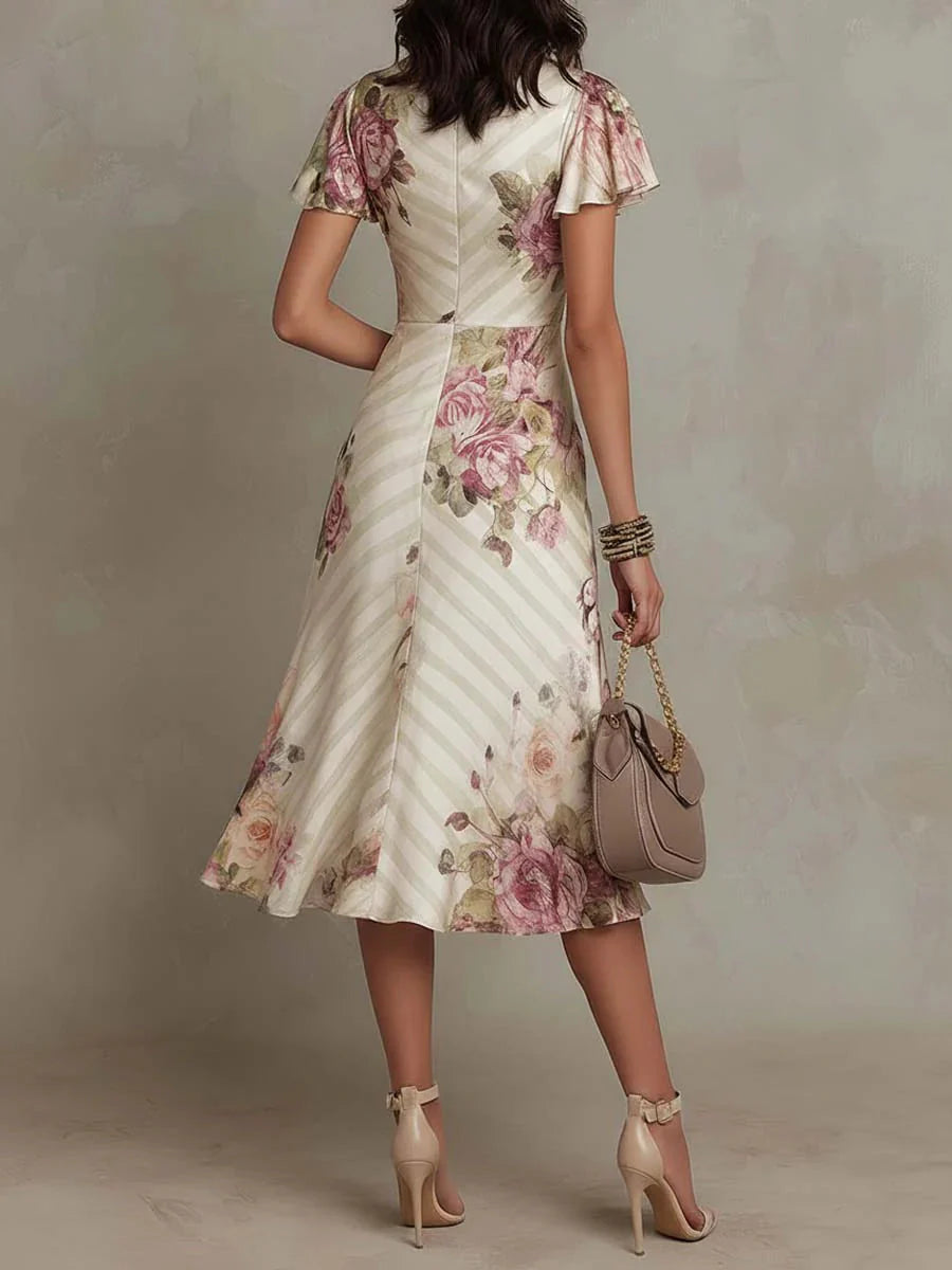 ALBA | ELEGANTE VESTIDO MIDI RETRO DE SATEN CON ESTAMPADO FLORAL