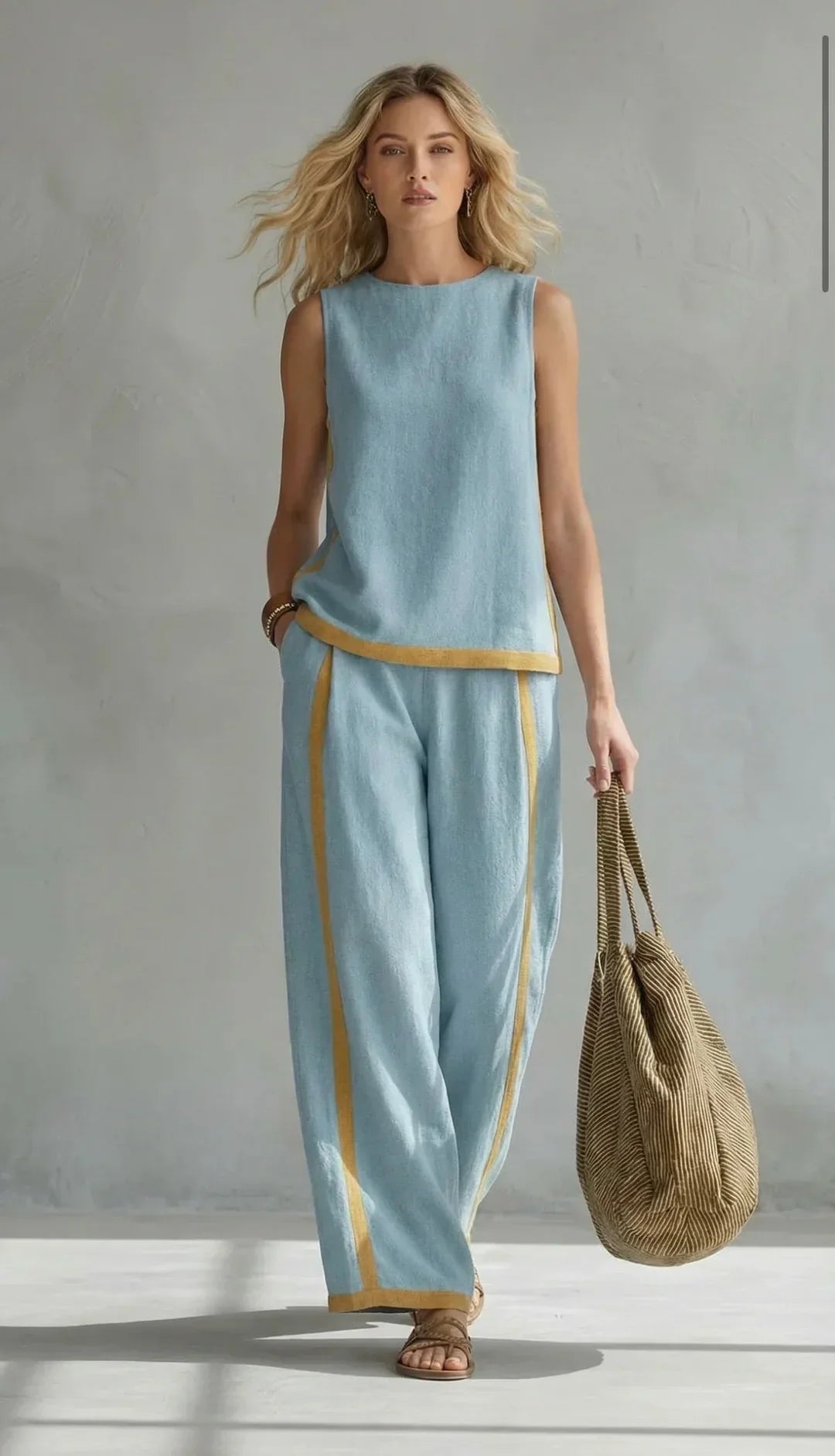 ZORAYA | ELEGANTE Y CASUAL CONJUNTO DE CHALECO Y PANTALÓN CON ACABADOS BICOLOR