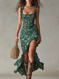 MAR | VESTIDO LARGO ESTILO BOHO RETRO CON MANGAS CON VOLANTES Y ABERTURA ALTA