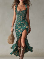 MAR | VESTIDO LARGO ESTILO BOHO RETRO CON MANGAS CON VOLANTES Y ABERTURA ALTA