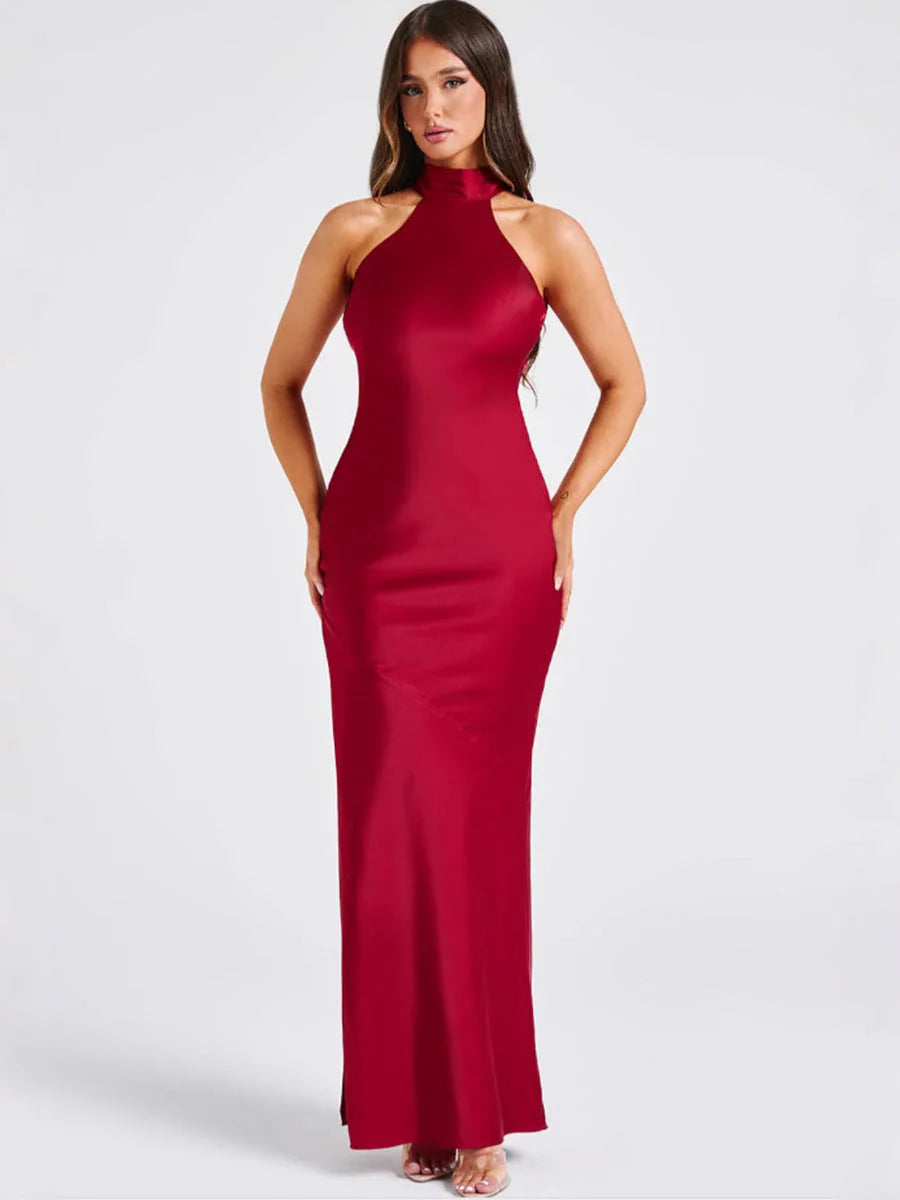 PALOMA | ELEGANTE VESTIDO LARGO DE SATEN CON ESCOTE HALTER