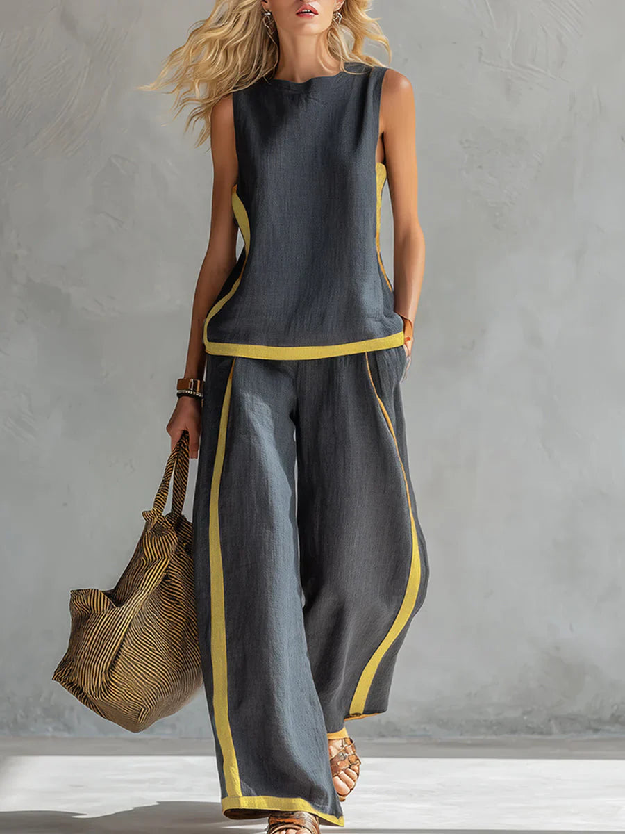 ZORAYA | ELEGANTE Y CASUAL CONJUNTO DE CHALECO Y PANTALÓN CON ACABADOS BICOLOR