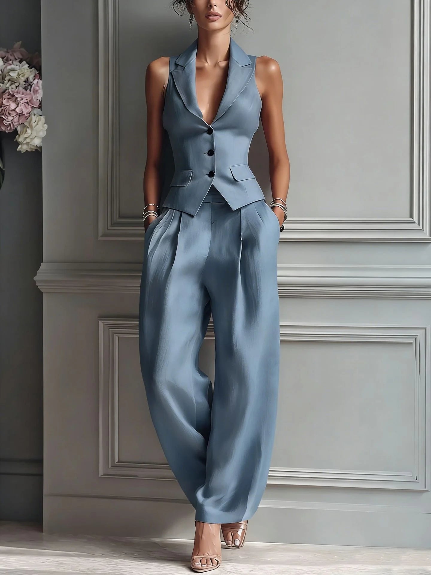 MARINA | TRAJE DE DOS PIEZAS CON CUELLO EN V Y BOTONES PARA MUJER