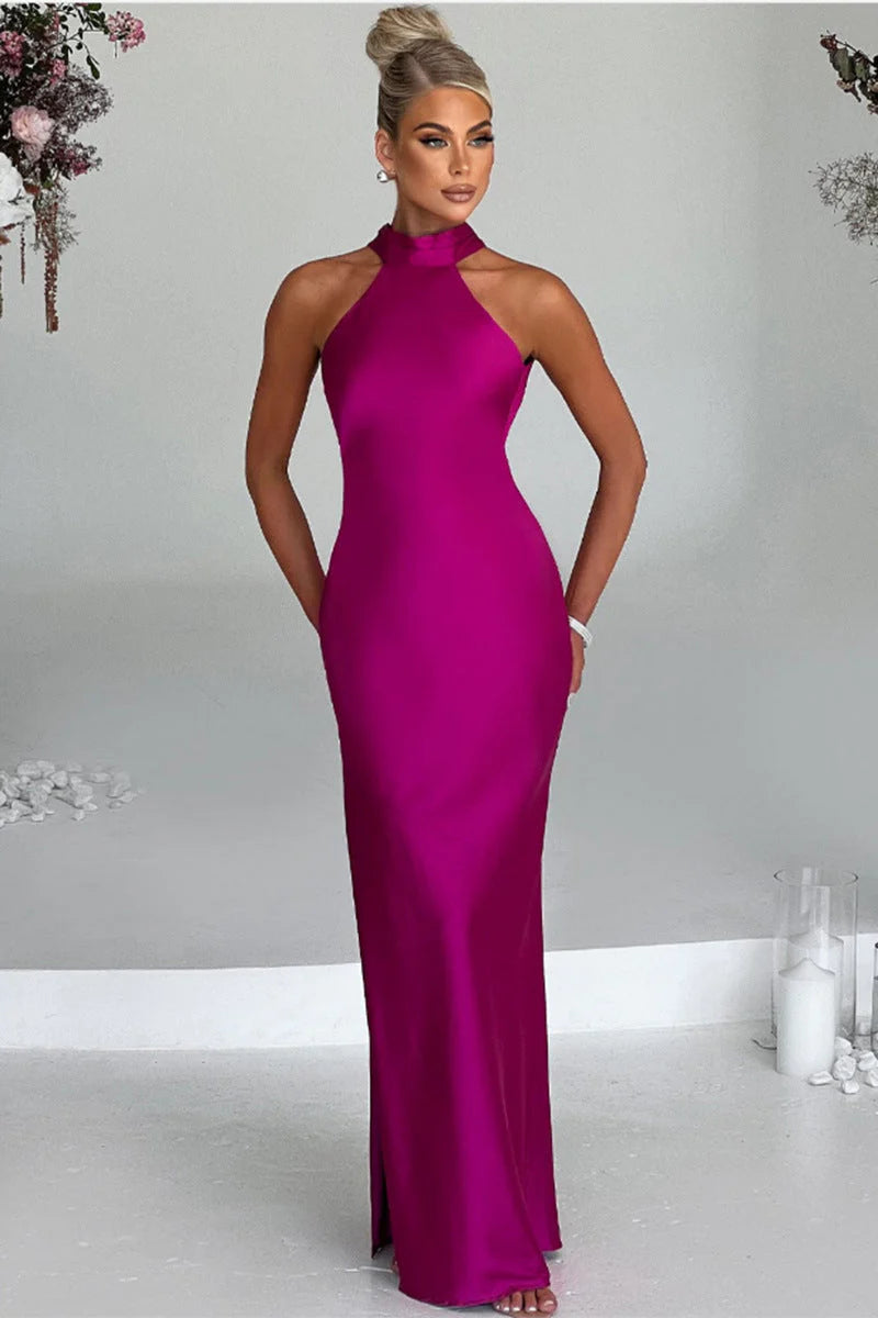 PALOMA | ELEGANTE VESTIDO LARGO DE SATEN CON ESCOTE HALTER