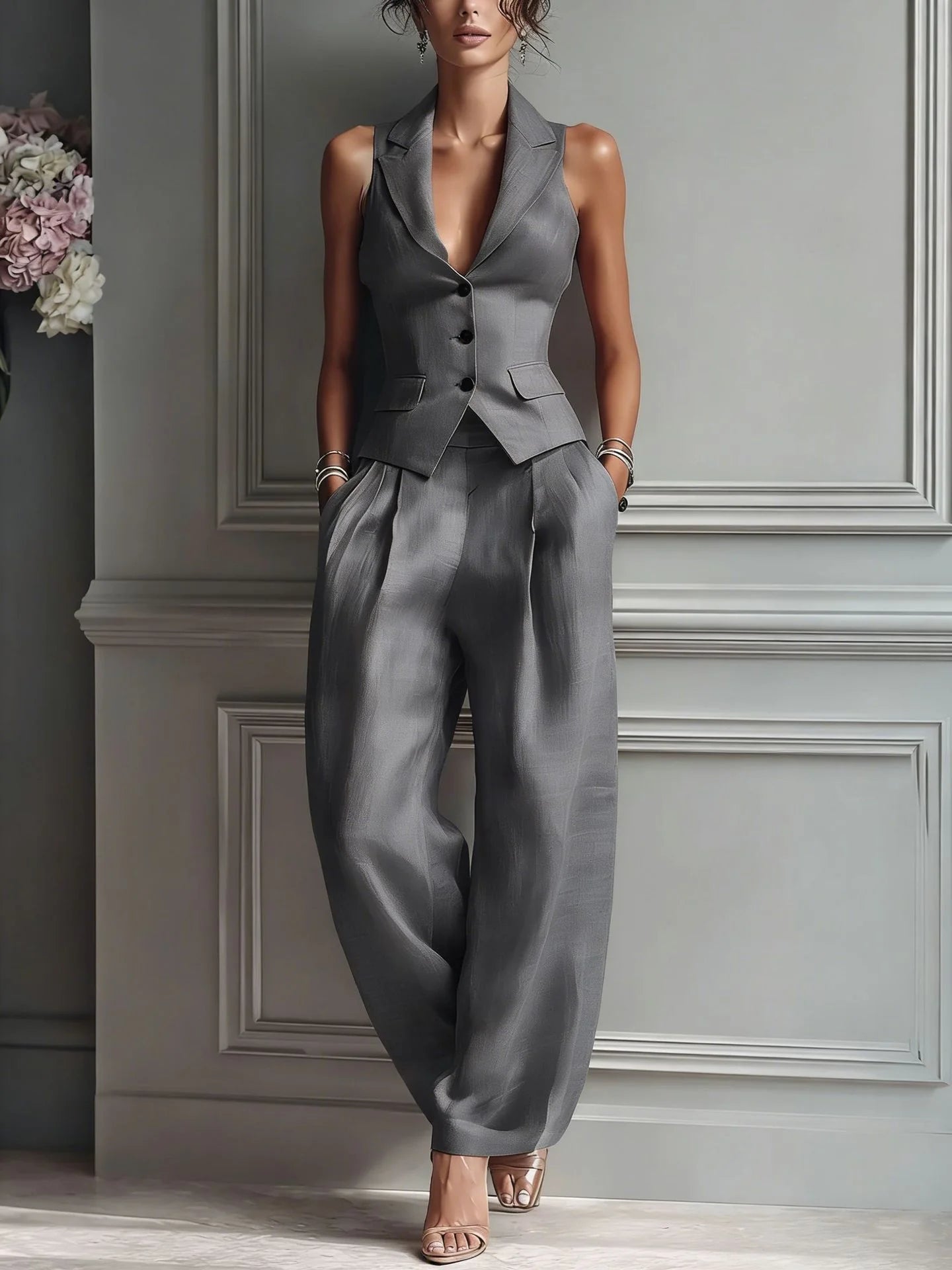 MARINA | TRAJE DE DOS PIEZAS CON CUELLO EN V Y BOTONES PARA MUJER