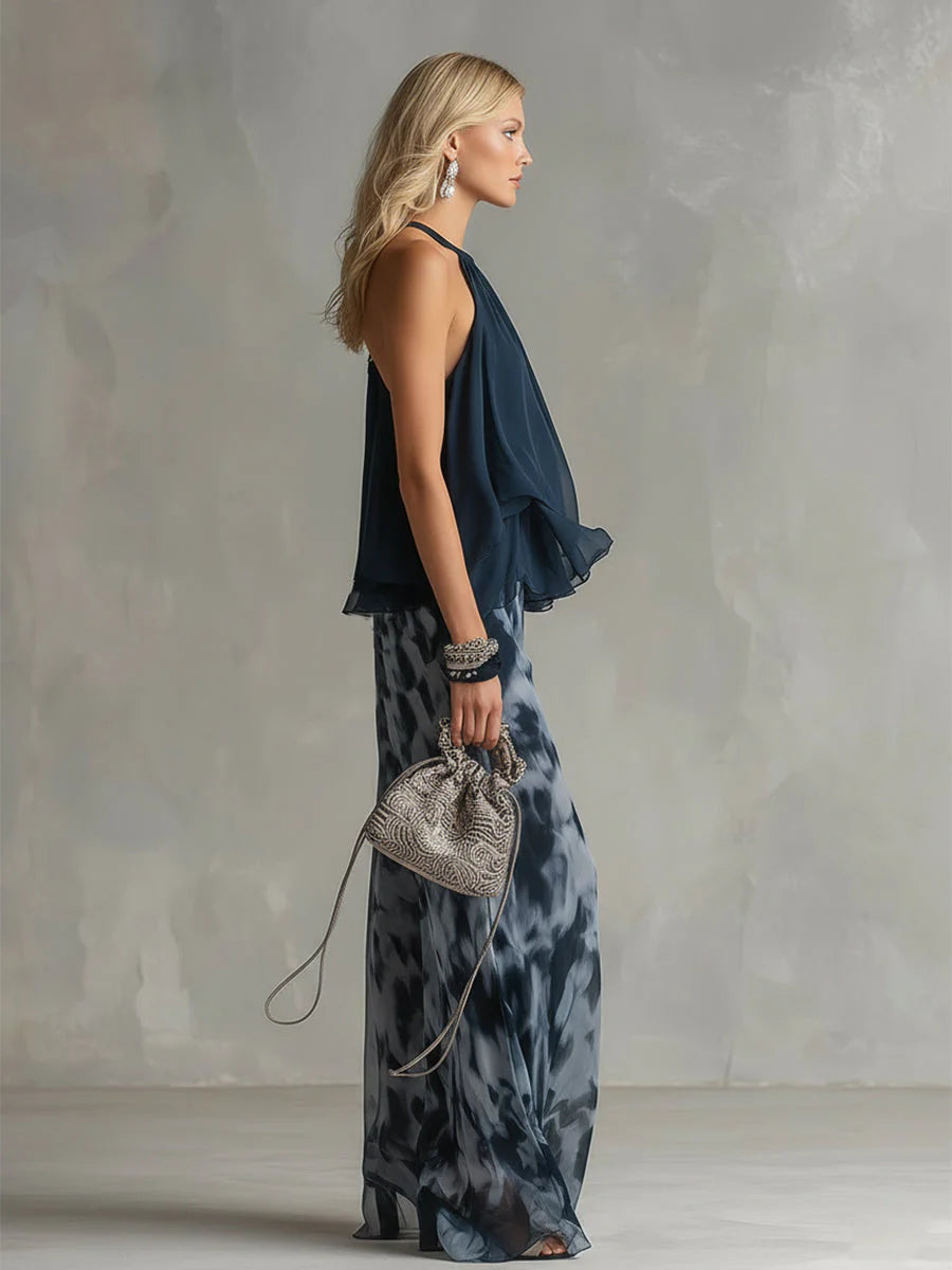 ANABEL | ELEGANTE VESTIDO DE GASA CON CORPIÑO DE CUELLO ALTO Y PANTALON ANCHO ESTAMPADO