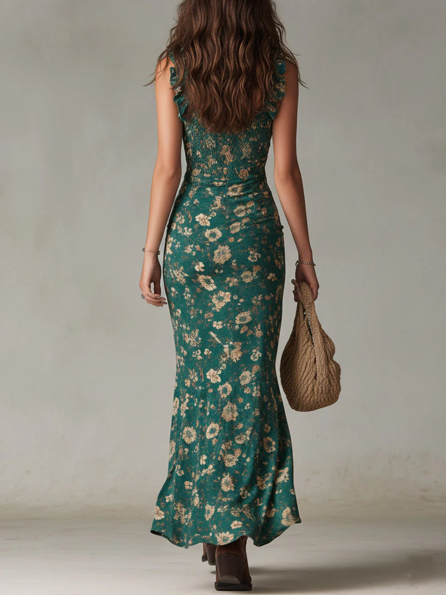 MAR | VESTIDO LARGO ESTILO BOHO RETRO CON MANGAS CON VOLANTES Y ABERTURA ALTA