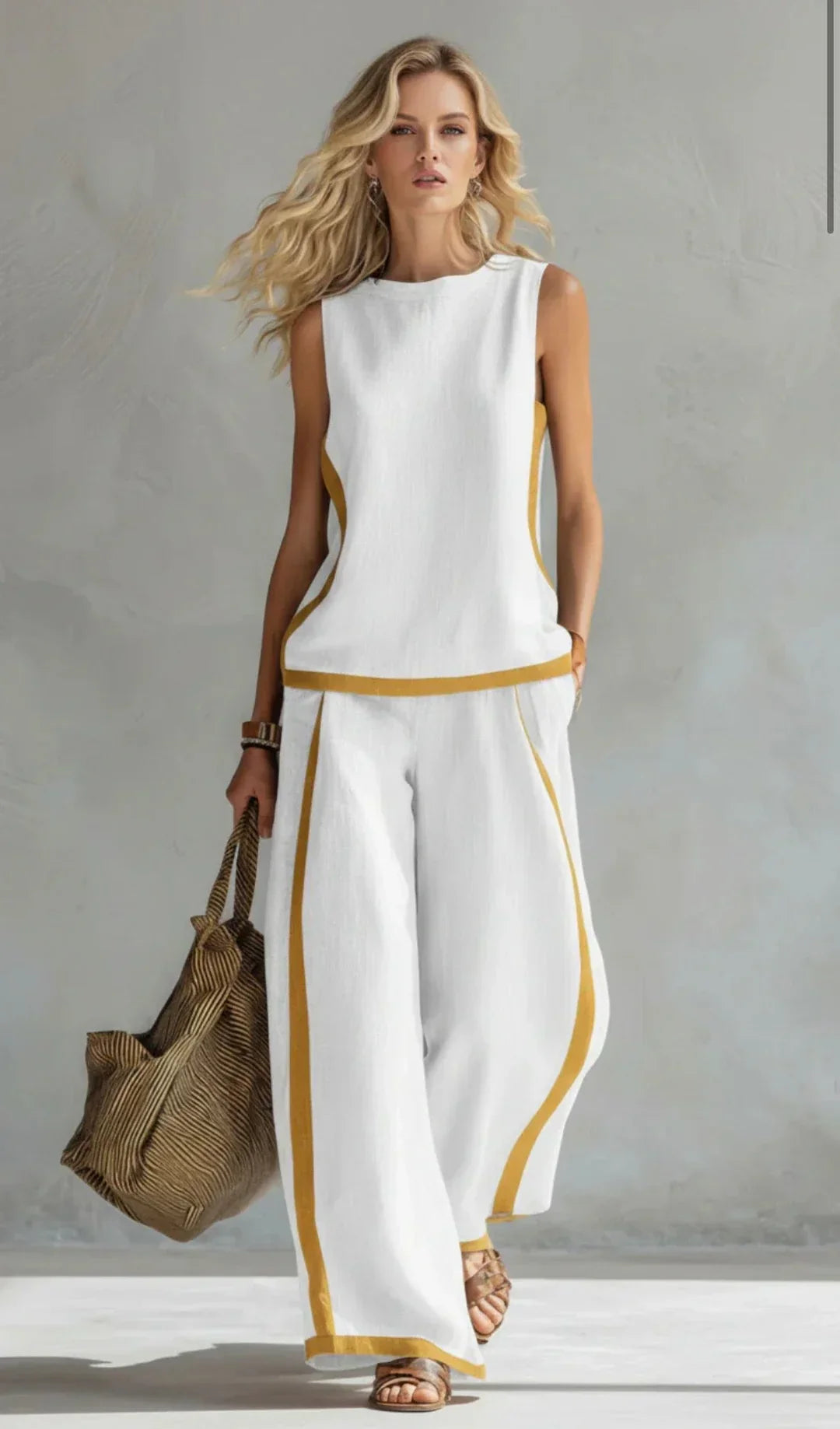 ZORAYA | ELEGANTE Y CASUAL CONJUNTO DE CHALECO Y PANTALÓN CON ACABADOS BICOLOR