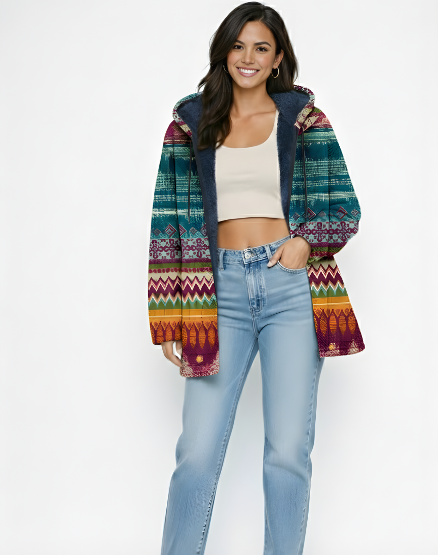 CLAUDIA | CHAQUETA LUJOSA CON CAPUCHA Y CREMALLERA INSPIRADA EN EL ARTE