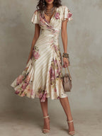 ALBA | ELEGANTE VESTIDO MIDI RETRO DE SATEN CON ESTAMPADO FLORAL