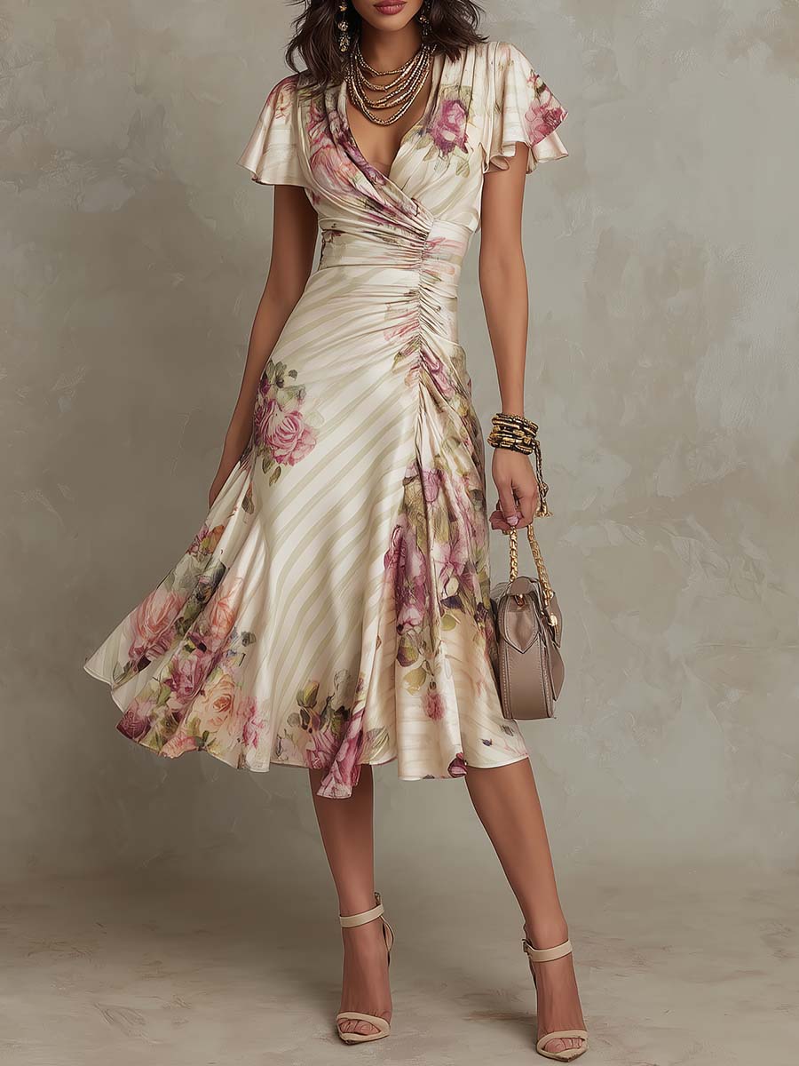 ALBA | ELEGANTE VESTIDO MIDI RETRO DE SATEN CON ESTAMPADO FLORAL