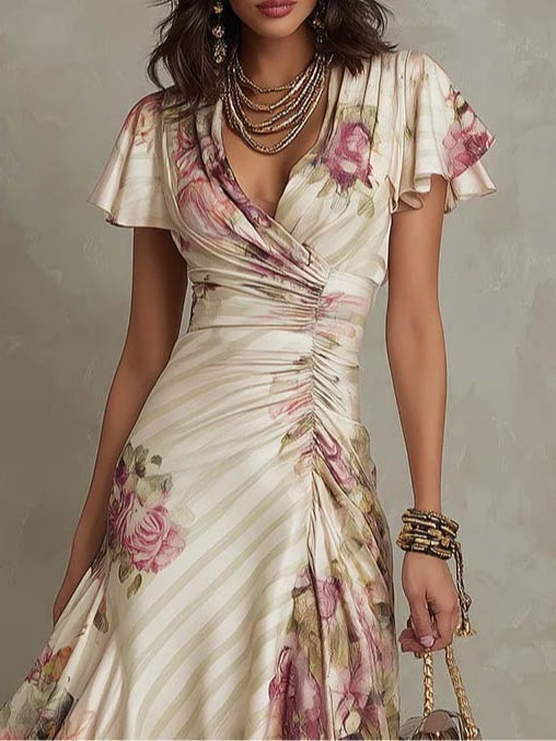 ALBA | ELEGANTE VESTIDO MIDI RETRO DE SATEN CON ESTAMPADO FLORAL