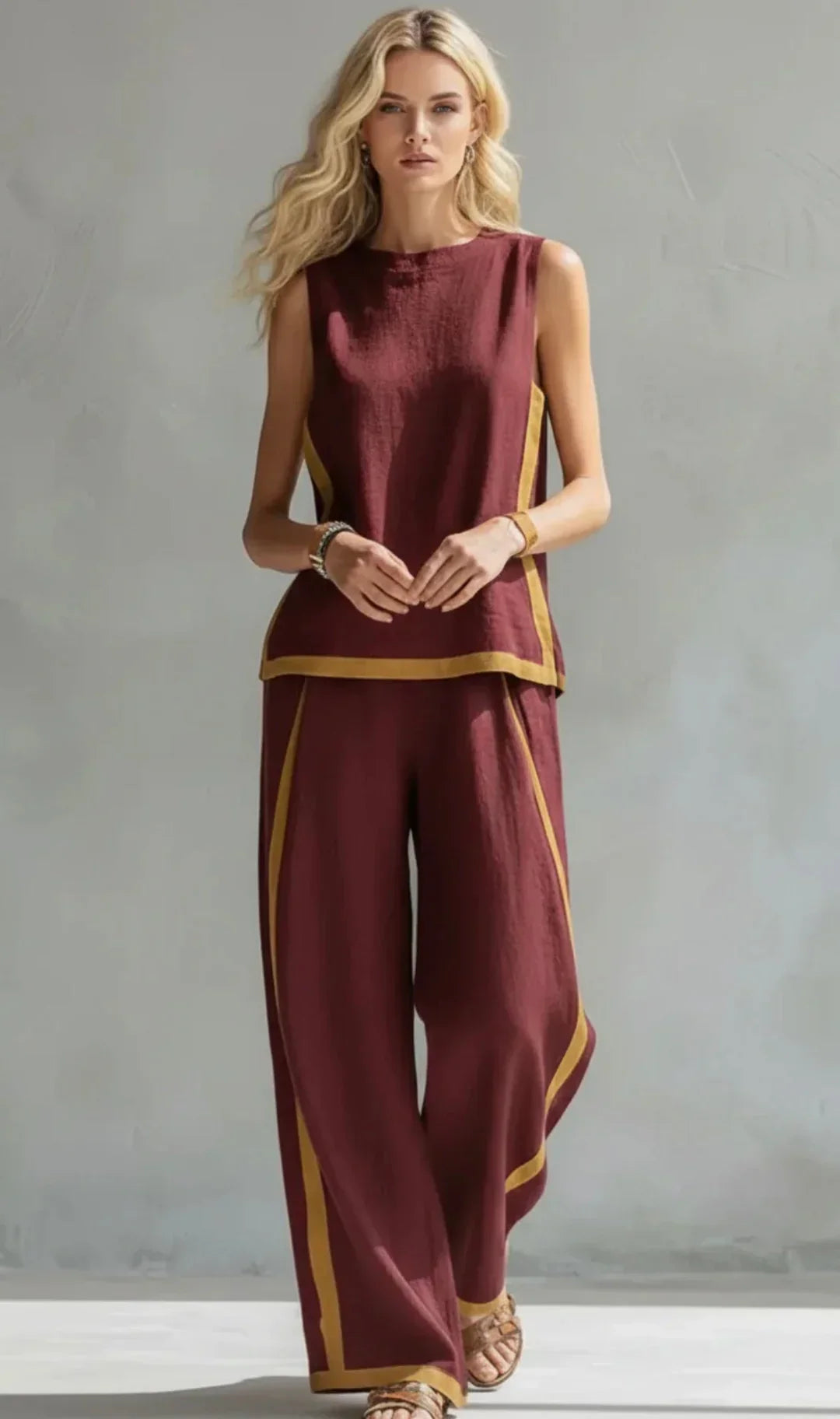ZORAYA | ELEGANTE Y CASUAL CONJUNTO DE CHALECO Y PANTALÓN CON ACABADOS BICOLOR