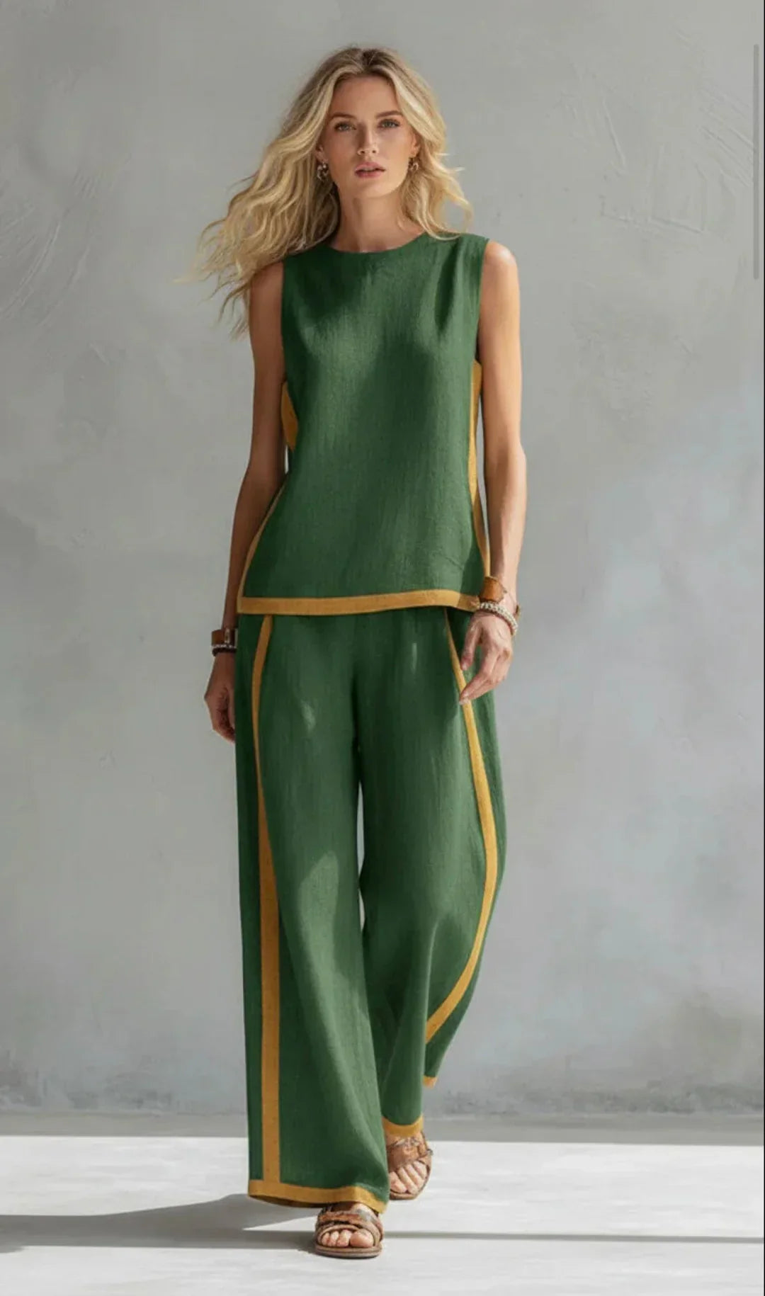ZORAYA | ELEGANTE Y CASUAL CONJUNTO DE CHALECO Y PANTALÓN CON ACABADOS BICOLOR