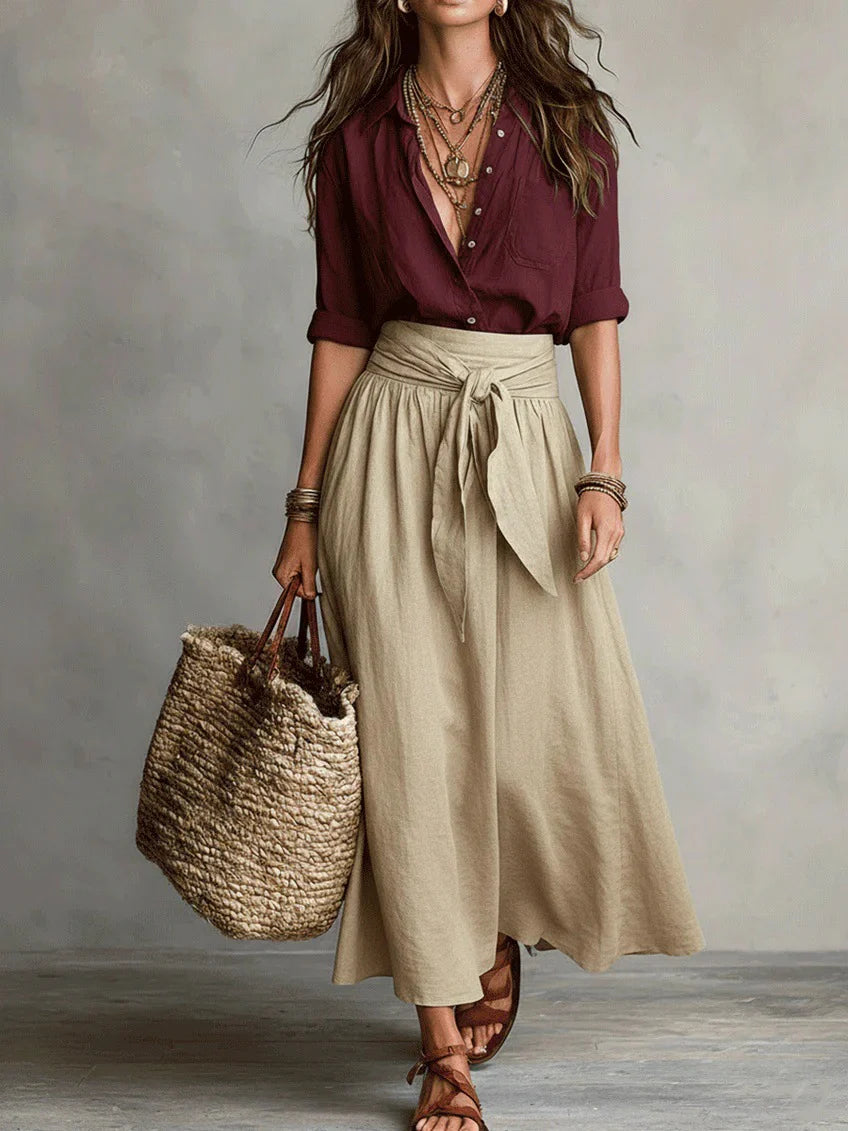 VERA | CONJUNTO DE DOS PIEZAS: CAMISETA NEGRA Y FALDA MIDI VERDE OLIVA