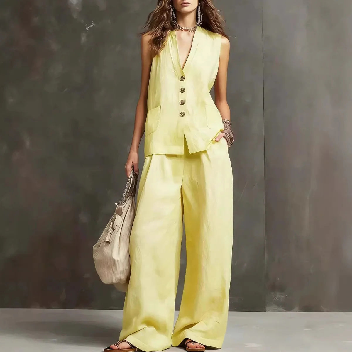 LOURDES | TRAJE DE DOS PIEZAS DE ALGODÓN Y LINO CON CHALECO SIN MANGAS Y PANTALÓN DE PIERNA ANCHA
