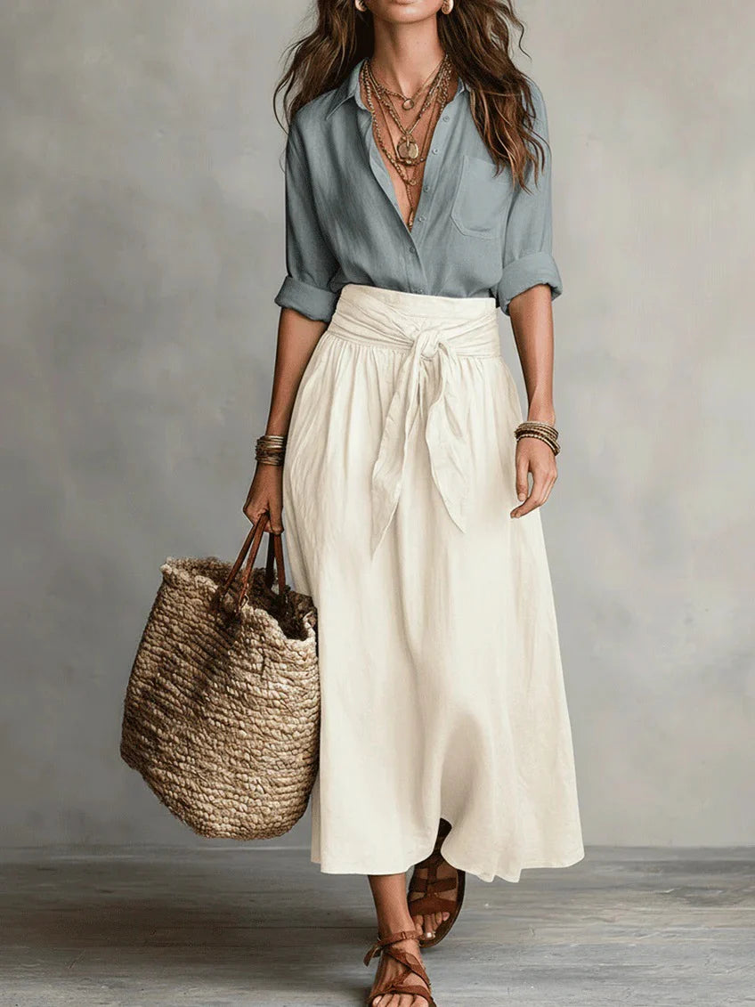 VERA | CONJUNTO DE DOS PIEZAS: CAMISETA NEGRA Y FALDA MIDI VERDE OLIVA