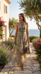 SERENA | VESTIDO LARGO DE GASA VERDE CON ESTAMPADO FLORAL Y ESCOTE HALTER