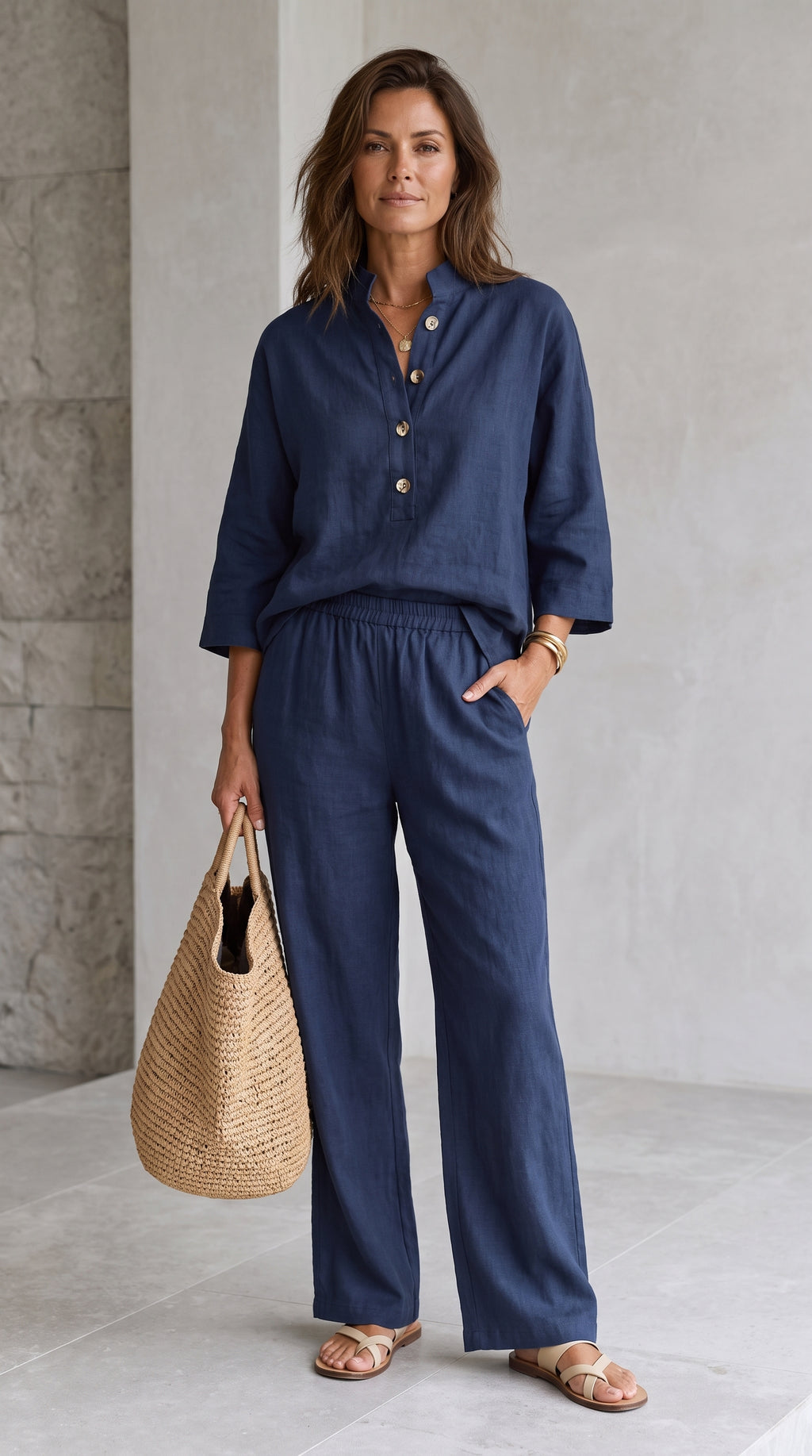 MARIBEL | TRAJE DE LINO CON MANGAS MURCIÉLAGO Y PANTALÓN DE PIERNA ANCHA