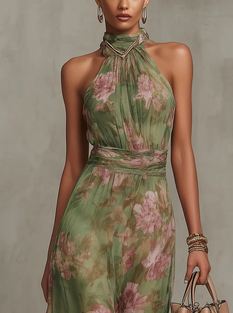 SERENA | VESTIDO LARGO DE GASA VERDE CON ESTAMPADO FLORAL Y ESCOTE HALTER