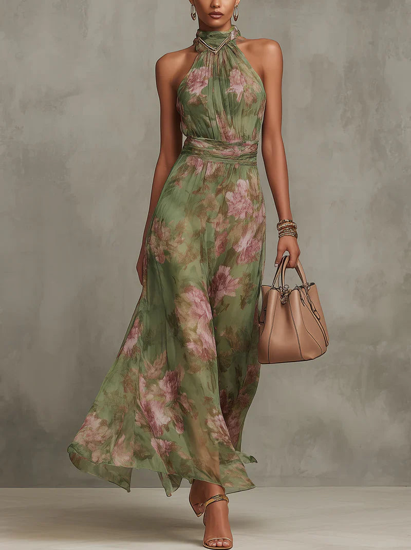 SERENA | VESTIDO LARGO DE GASA VERDE CON ESTAMPADO FLORAL Y ESCOTE HALTER