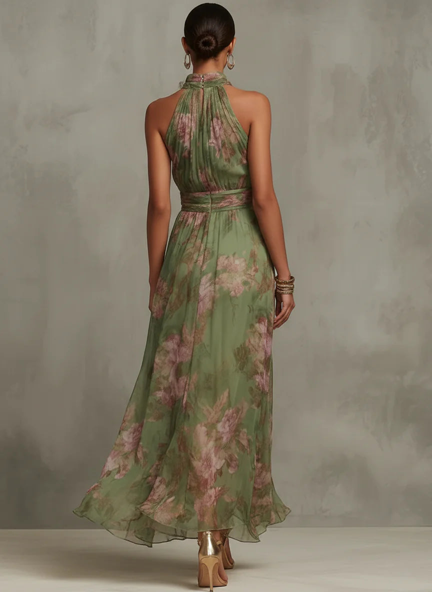 SERENA | VESTIDO LARGO DE GASA VERDE CON ESTAMPADO FLORAL Y ESCOTE HALTER