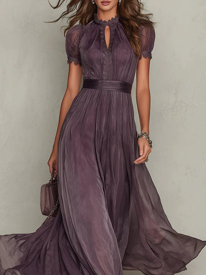 FLAVIA | ABITO LUNGO VIOLA CON SCOLLO A GOCCIA E BORDO IN PIZZO CHIFFON