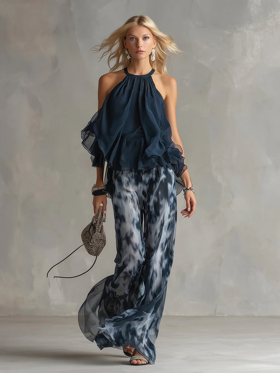 ANABEL | ELEGANTE VESTIDO DE GASA CON CORPIÑO DE CUELLO ALTO Y PANTALON ANCHO ESTAMPADO