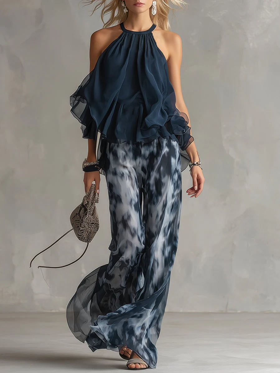 ANABEL | ELEGANTE VESTIDO DE GASA CON CORPIÑO DE CUELLO ALTO Y PANTALON ANCHO ESTAMPADO