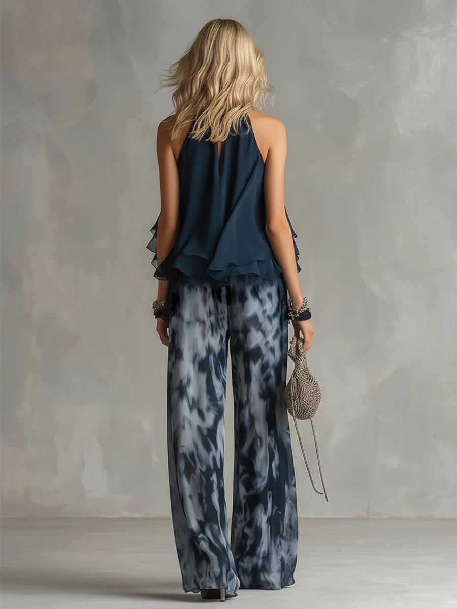 ANABEL | ELEGANTE VESTIDO DE GASA CON CORPIÑO DE CUELLO ALTO Y PANTALON ANCHO ESTAMPADO