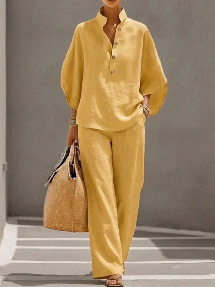 MARIBEL | TRAJE DE LINO CON MANGAS MURCIÉLAGO Y PANTALÓN DE PIERNA ANCHA