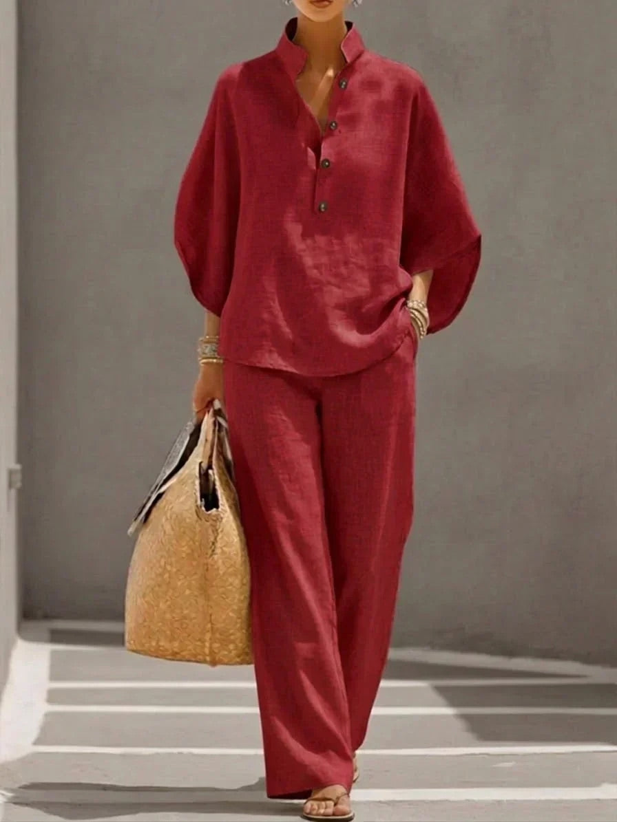MARIBEL | TRAJE DE LINO CON MANGAS MURCIÉLAGO Y PANTALÓN DE PIERNA ANCHA