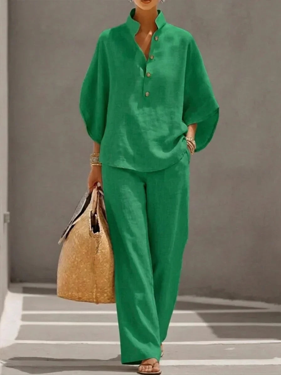 MARIBEL | TRAJE DE LINO CON MANGAS MURCIÉLAGO Y PANTALÓN DE PIERNA ANCHA