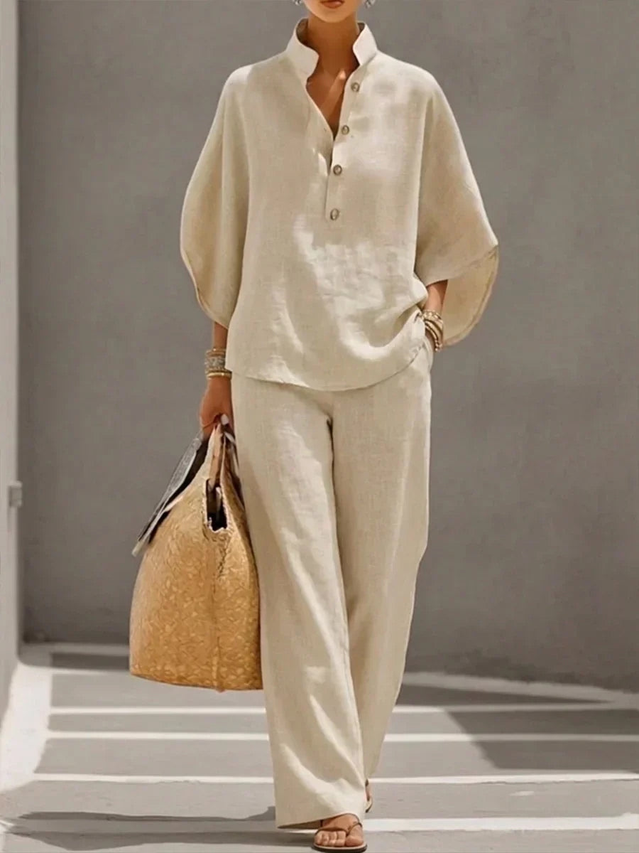 MARIBEL | TRAJE DE LINO CON MANGAS MURCIÉLAGO Y PANTALÓN DE PIERNA ANCHA