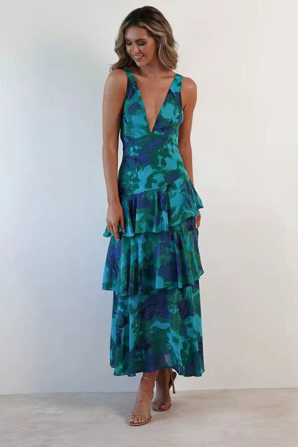 LISA | VESTIDO LARGO CON VOLANTES FLORALES