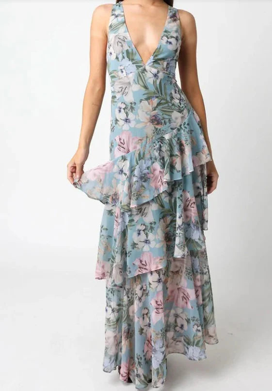 LISA | VESTIDO LARGO CON VOLANTES FLORALES